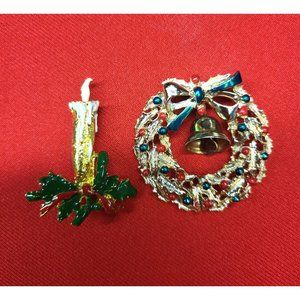 Christmas Pins/ Brooch Set of 2 Christmas Wreath & Bell & Candle Pins